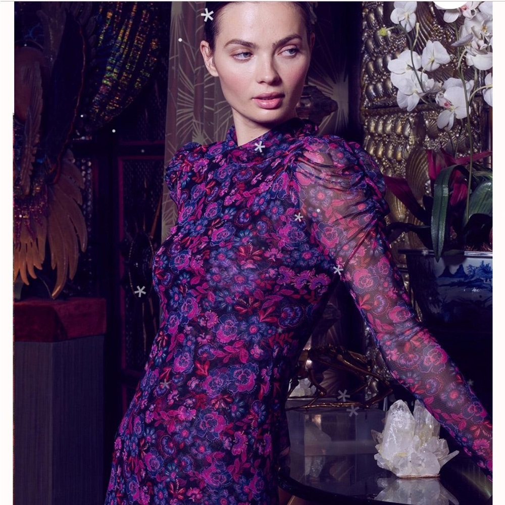 Misa Los Angeles Purple and Pink Bishop Sleeve Cocktail Gown